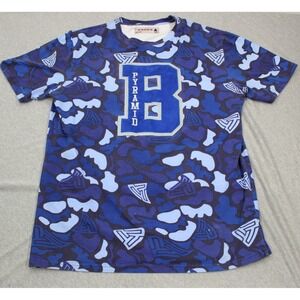 Black Pyramid T-Shirt Mens Large Blue Camo Varsity Logo Patch Streetwear Tee